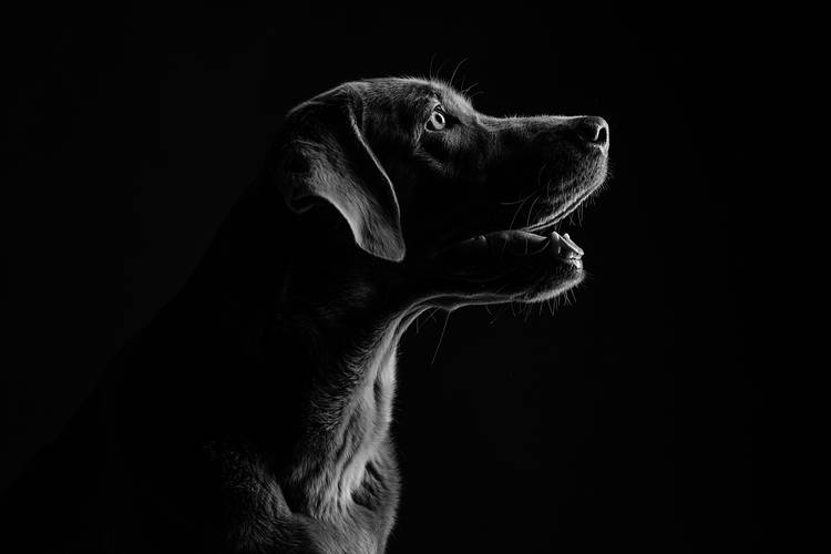 Artistic black and white side portrait of a Labrador dog in dramatic studio lighting. Elegant pet photography with high contrast and emotional depth.